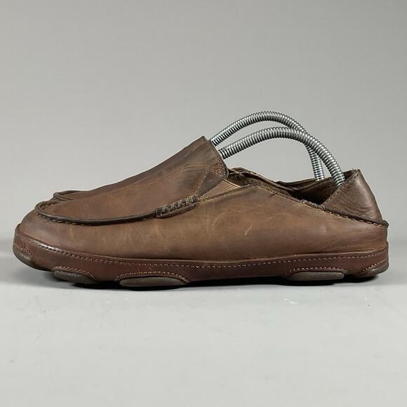 Olukai Moloa Men’s Size 8.5 M Brown Leather Slip Loafer Casual Slippers Moc Toe - Picture 1 of 7